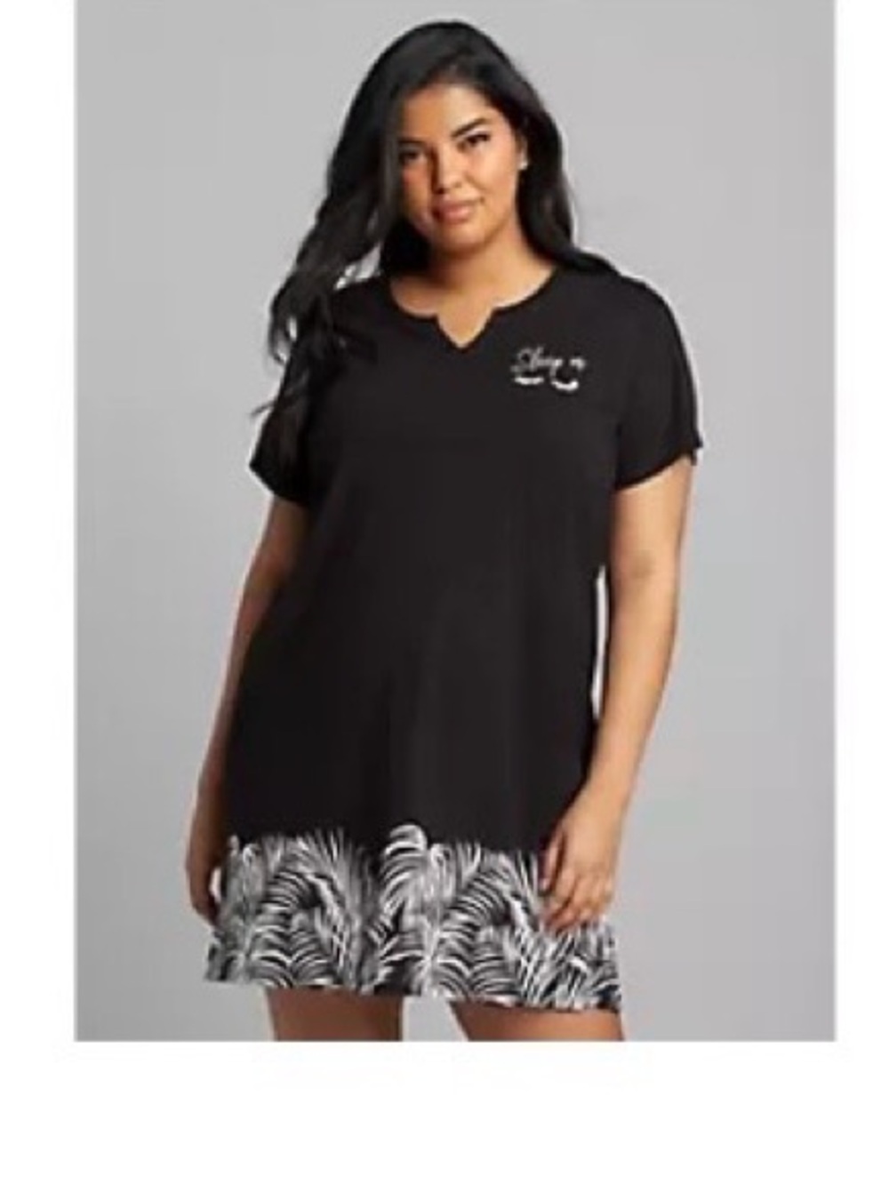 Lane Bryant Black Short-Sleeve Chemise with Printed Hem